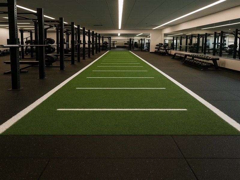 Un installateur professionnel étale de la colle sur un sol en béton avant de poser du gazon de luge.
